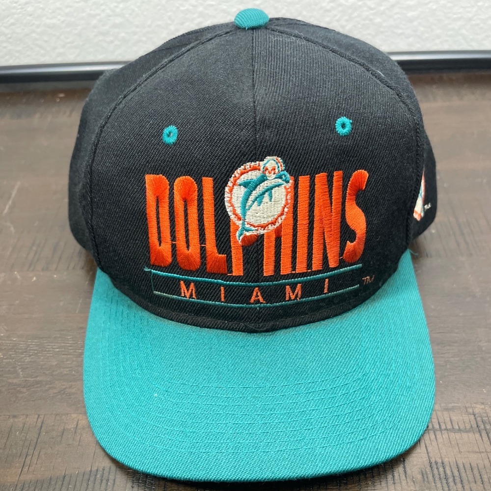 Vintage Miami Dolphins Snapback Hat Young An NFL Black Teal 90s Cap